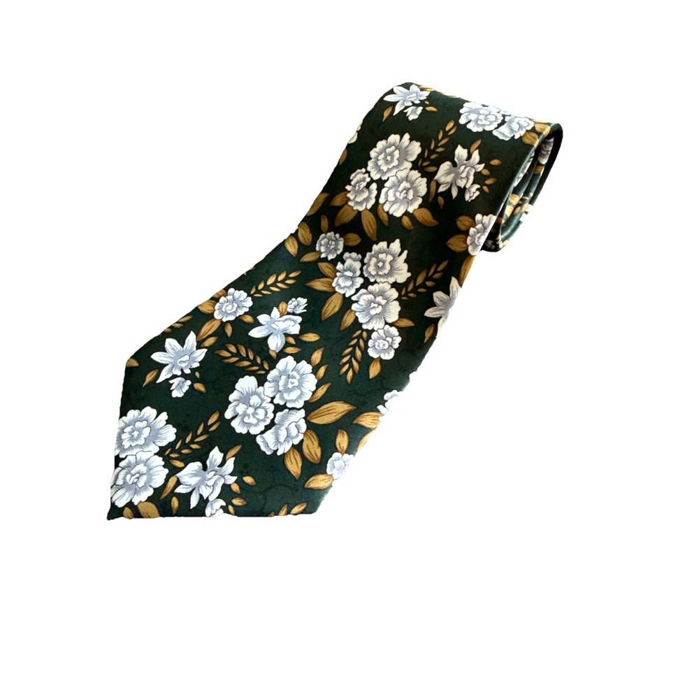 Mercedes High Fashion 100% Silk Floral Tie Green Gold Vintage Necktie Italian